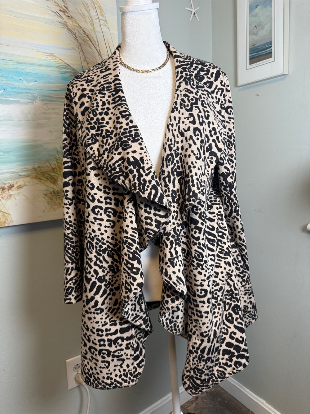 Calvin Klein Black & Cream Animal-Print Cascade Cardigan
